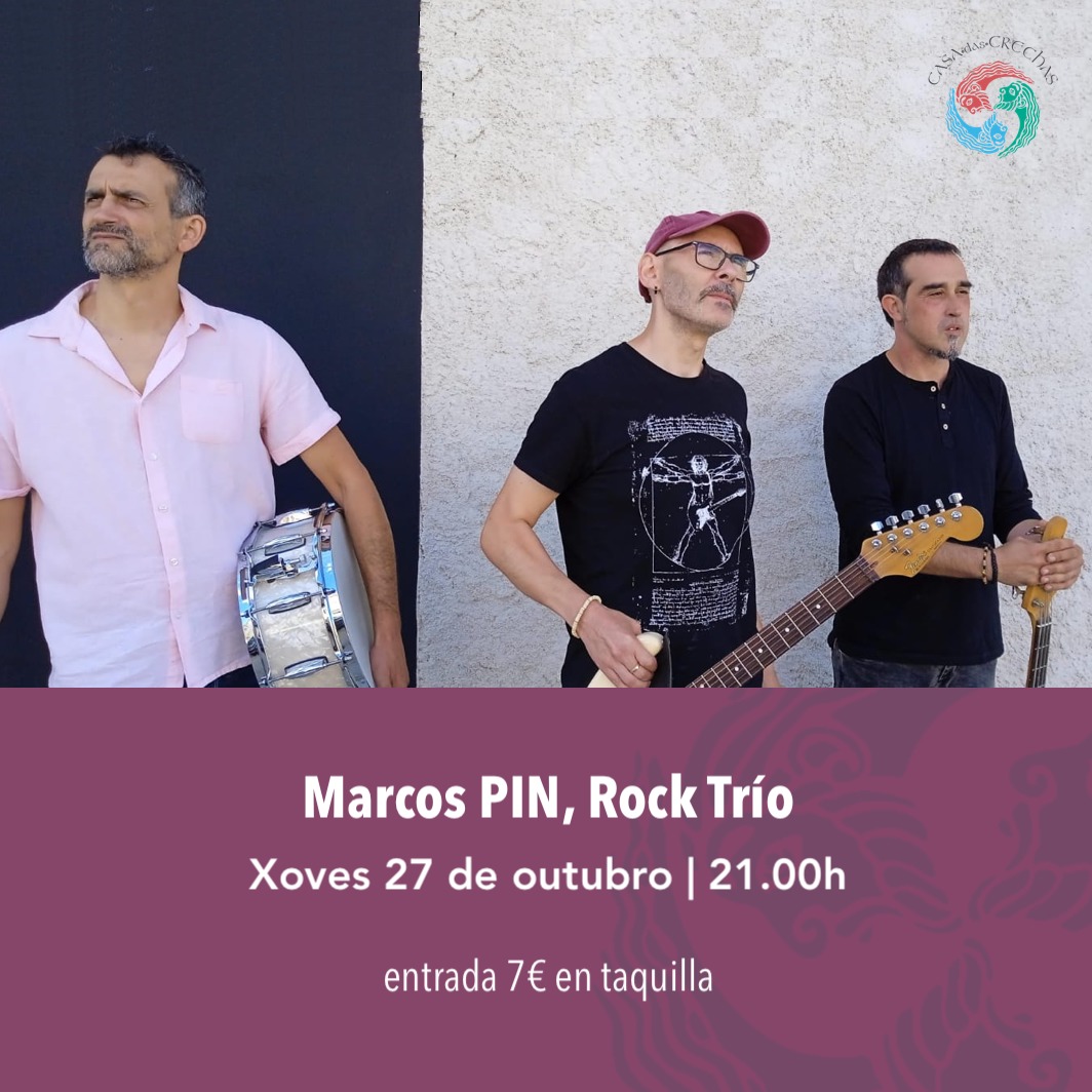 CasadasCrechas's tweet photo. 🎸 Marcos Pin, Rock Trío🥁
👉 Xoves 27/10 ás 21h
🎟 7€ en taquilla
Con #MarcosPin á cabeza, xunto a #PabloSanmamed e #SergioGonzález, este proxecto revive temas rock, soul, pop… que todos gardamos na memoria. Pero o fan como o que son: músicos de #jazz e bos #improvisadores. https://t.co/CvW82devV0