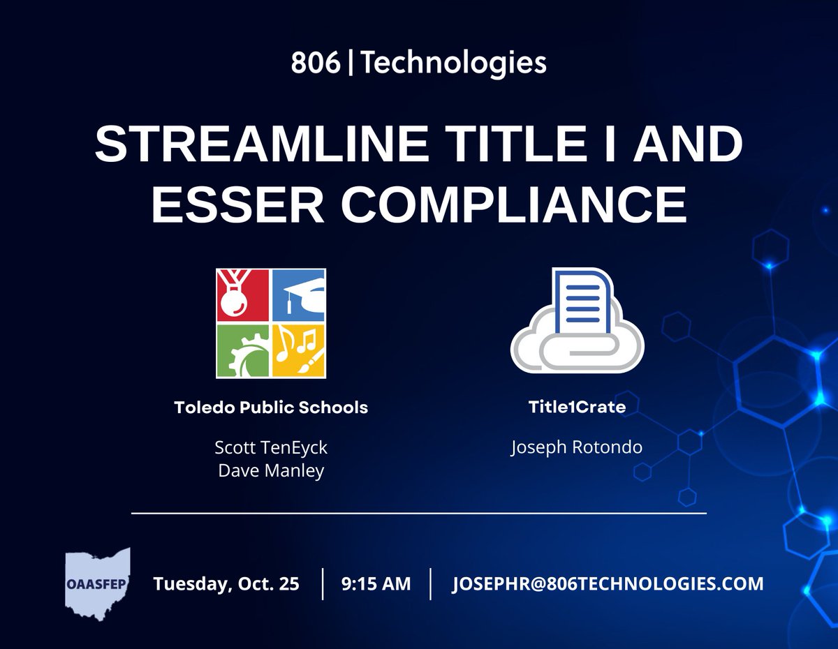 806Technologies's tweet photo. We are at another show this week! Come see our teammates, Joseph and Nick, at the @oaasfep Fall Conference! 

Don't miss our thought leadership session on streamlining Title I and ESSER compliance!

#OAASFEP https://t.co/xSg1DX0ozr