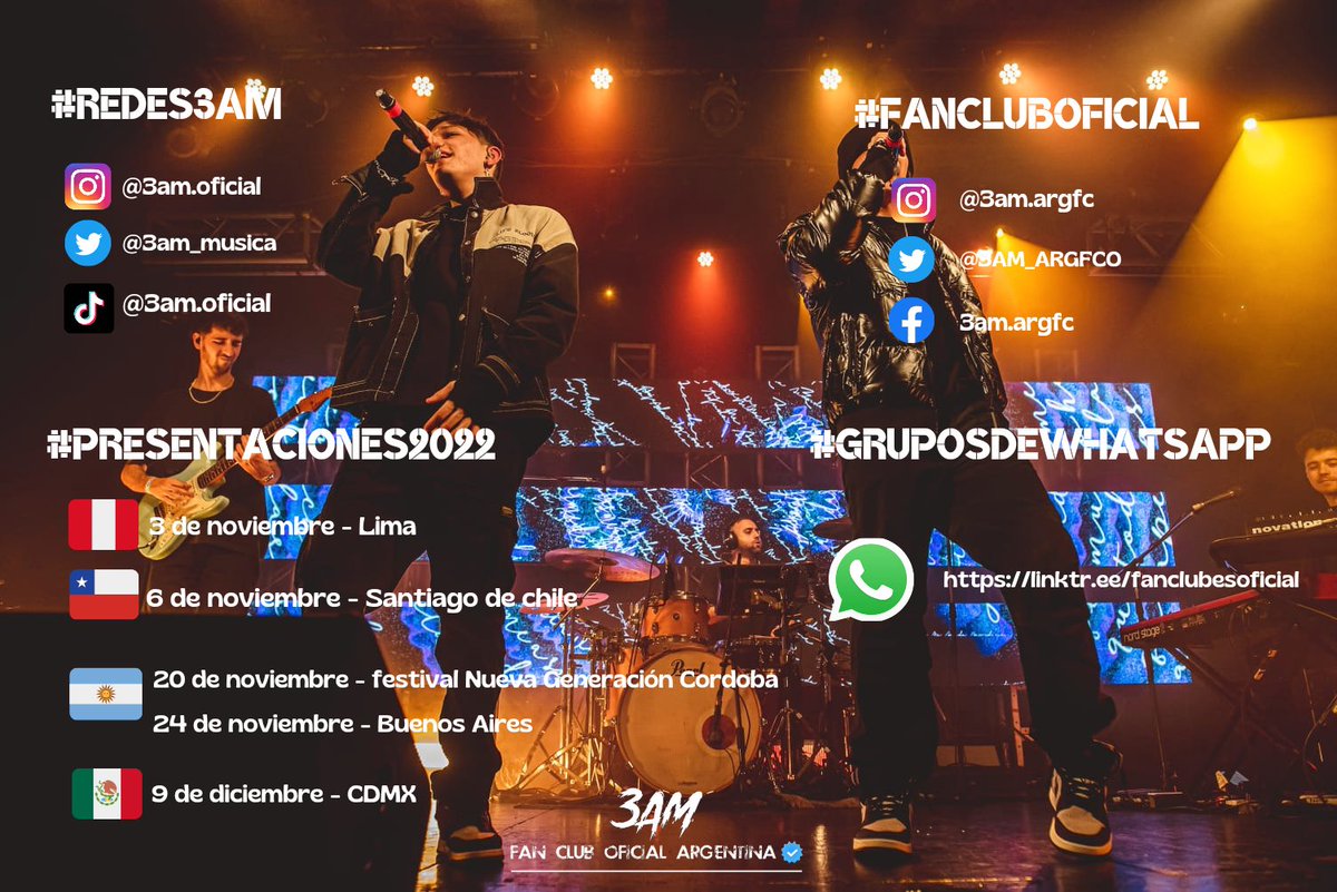 3AM_ARGFCO's tweet photo. Buenas! ♥️
Les queremos dejar a mano info general:
Si todavía no tenés tu entrada para el #3AMTOUR acá las podés conseguir→ https://t.co/RZIZah0t6J
entradas para el festival nueva generación→ https://t.co/t02hJfMoMW
y los grupos de WhatsApp→ https://t.co/lAAeVFymAD https://t.co/0rwVVotGUd