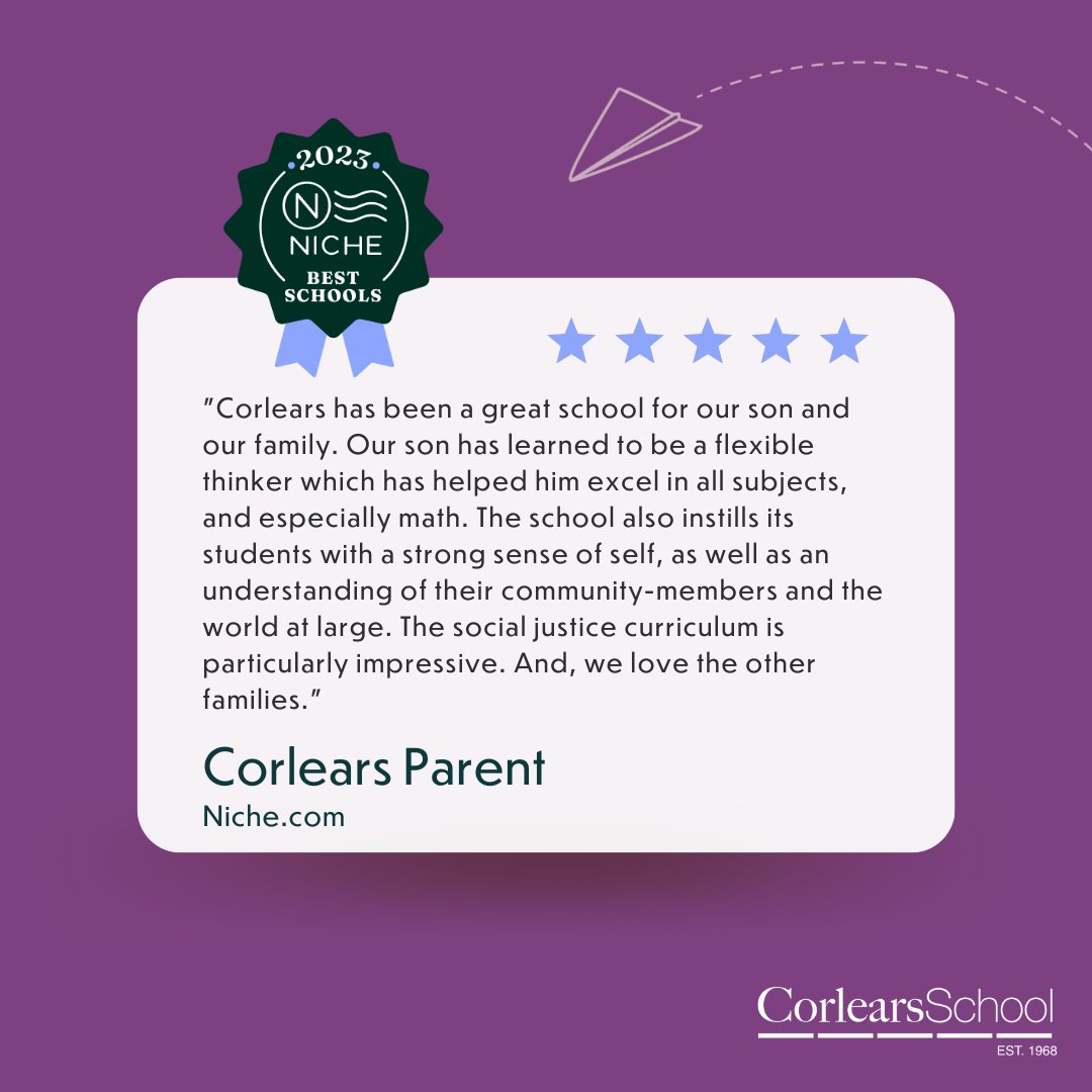 We love reading reviews from our Corlears families (and we are passionate about how young children learn the foundations of mathematics!). Thank you for sharing your thoughts on Niche, where we've been ranked an A+ school!