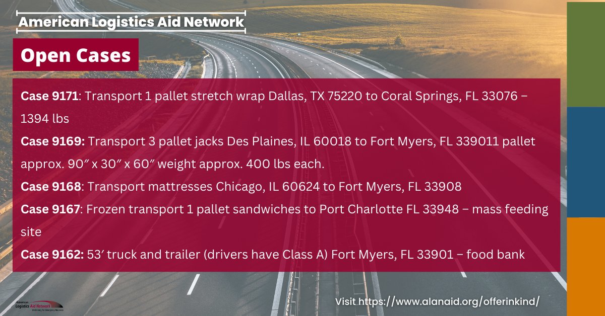 ALANaid's tweet photo. Times are busy at ALAN as we continue to assist with relief efforts for Hurricane Ian. Check out our Disaster micro-site for a list of meaningful ways logistics industry members like you can be of help – including requests for transportation. #logistics https://t.co/gRC0wbMyrG https://t.co/m8g3qpEZJr