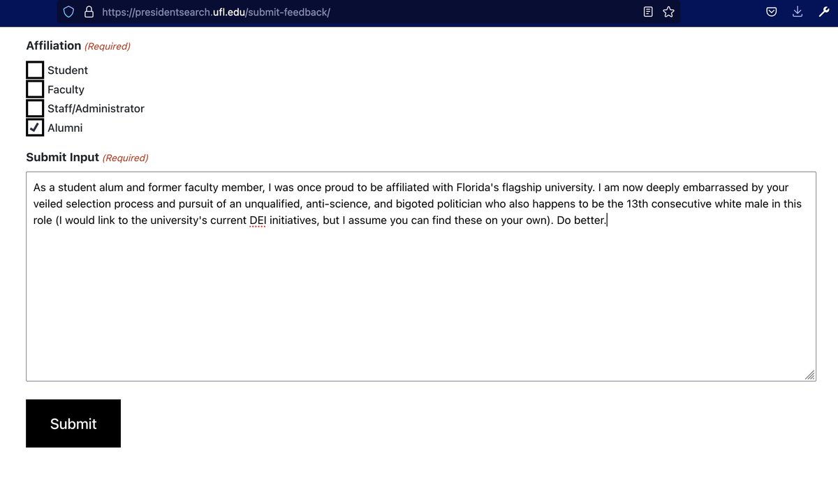 Hey look @UF has a feedback form regarding Ben Sasse as their new president presidentsearch.ufl.edu/submit-feedbac…