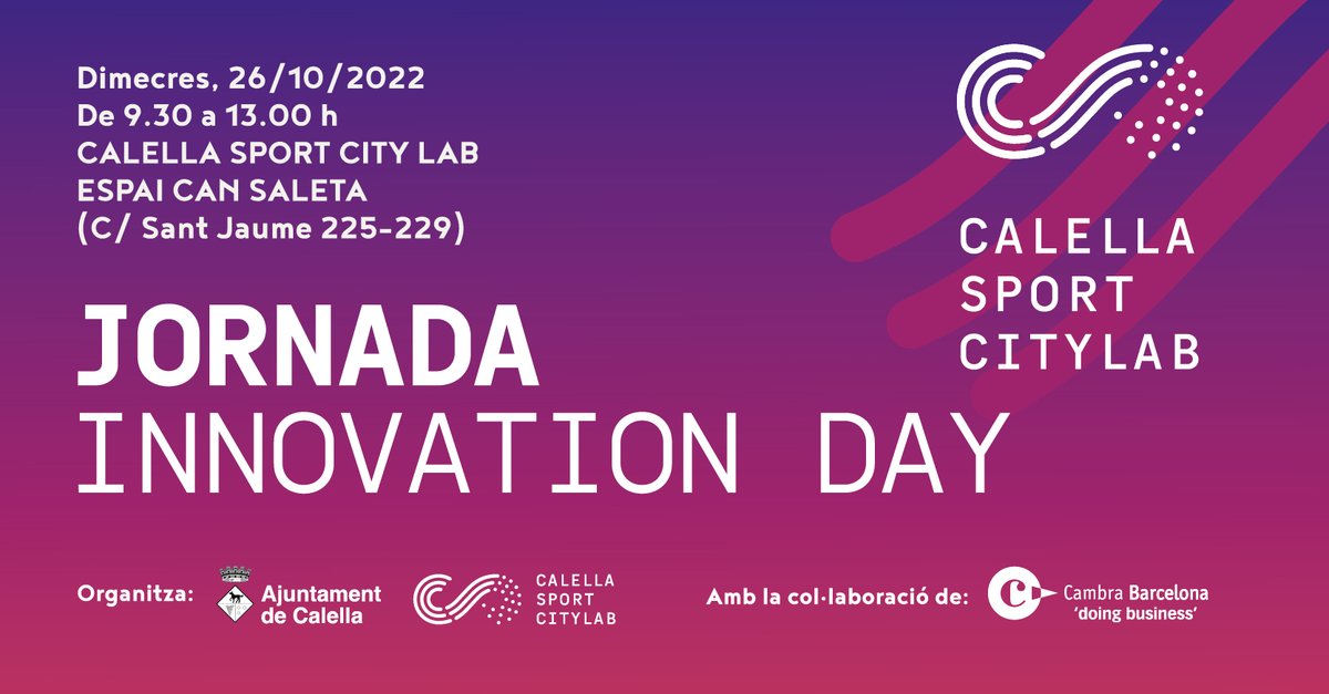 L'Ajuntament organitza la Jornada Innovation Day amb l'objectiu de crear oportunitats que permetin activar aliances entre el @CalellaSCityLab i el teixit empresarial i d'entitats vinculades a l'esport 🗓️ 26 d'octubre de 9:30 a 13h 📍 Can Saleta Programa: calella.webmunicipal.diba.cat/media/reposito…