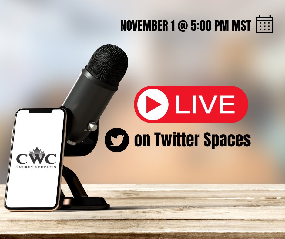 CwcEnergy's tweet photo. Save the date! We're going live on Twitter Spaces again on Tuesday, November 1st at 5 pm MST with the @sohaibab9 and the #COM crew chatting about our Q3 results and what's next for the #OFS.
#drilling #wellservicing #canadianenergy https://t.co/AFYlX0Wful
