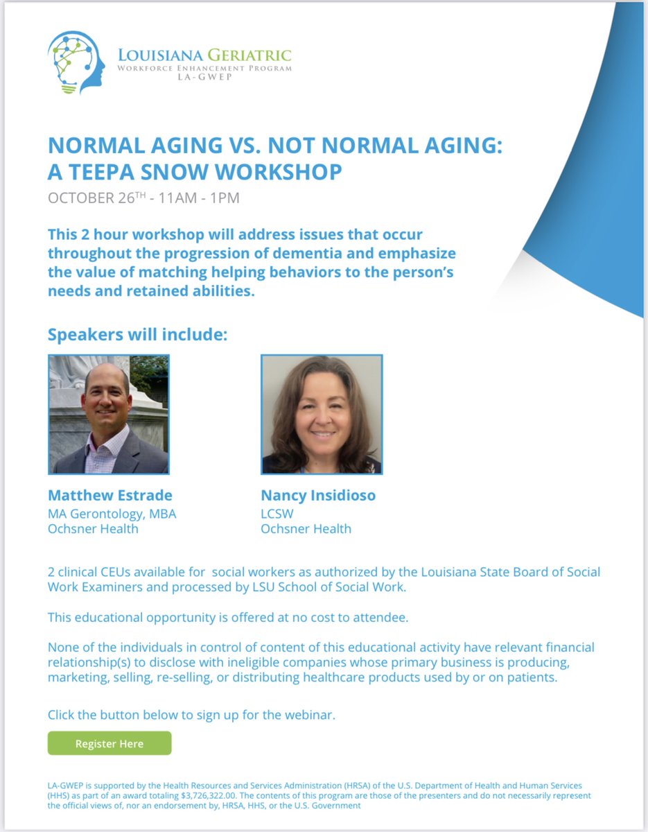 Join the Louisiana Geriatric Enhancement Program (LA-GWEP) for a free 2.0 hour clinical workshop on Wednesday, October 26, 2022, at 11:00 am. See the flyer for additional information. To register, visit the link provided below.
lsuchse.com/event/0c893a45…