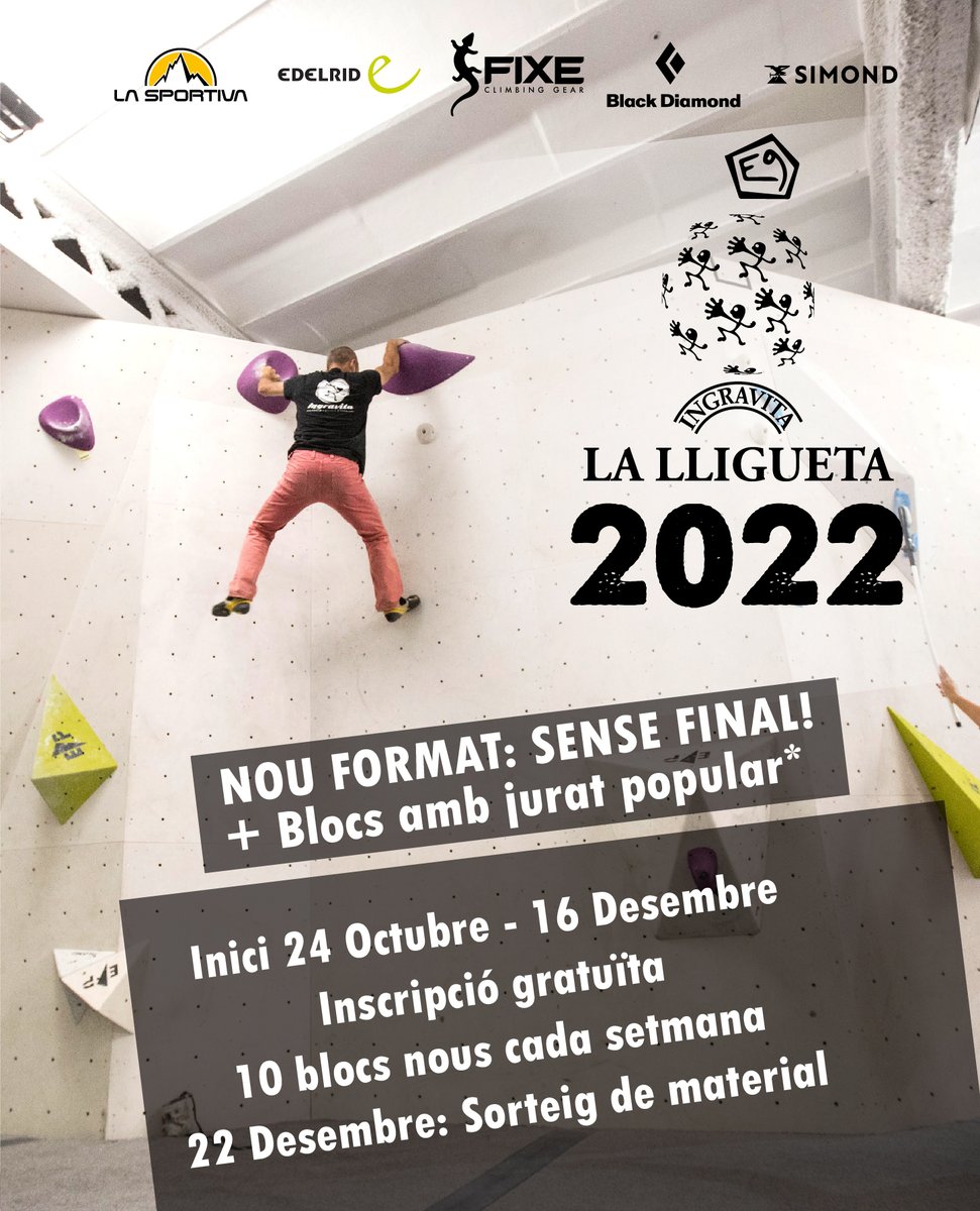 Avui comença la Lligueta!
Recordeu que cada setmana hi ha uns blocs que ens haureu de compartir un vídeo per comprovar que l'heu escalat!
