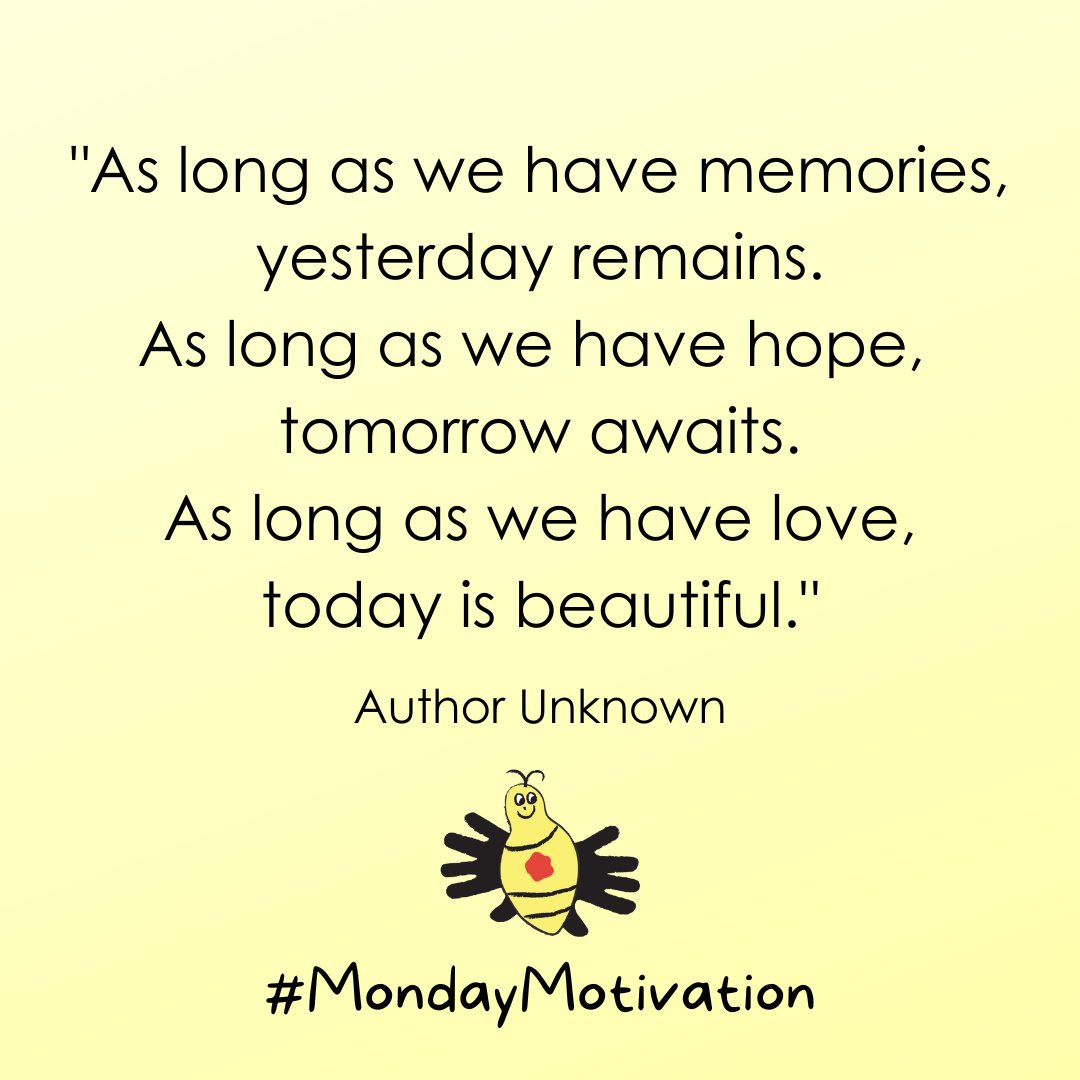 BumbleBeefound's tweet photo. Happy #MondayMotivation, #BEEhive. We recognize not every day is easy. Cherish your yesterday. Love in the moment. Hold promise in the tomorrow. ๐๐
#BBFkiddos
#pediatriccancer ๐ https://t.co/N0U9R3rQzU