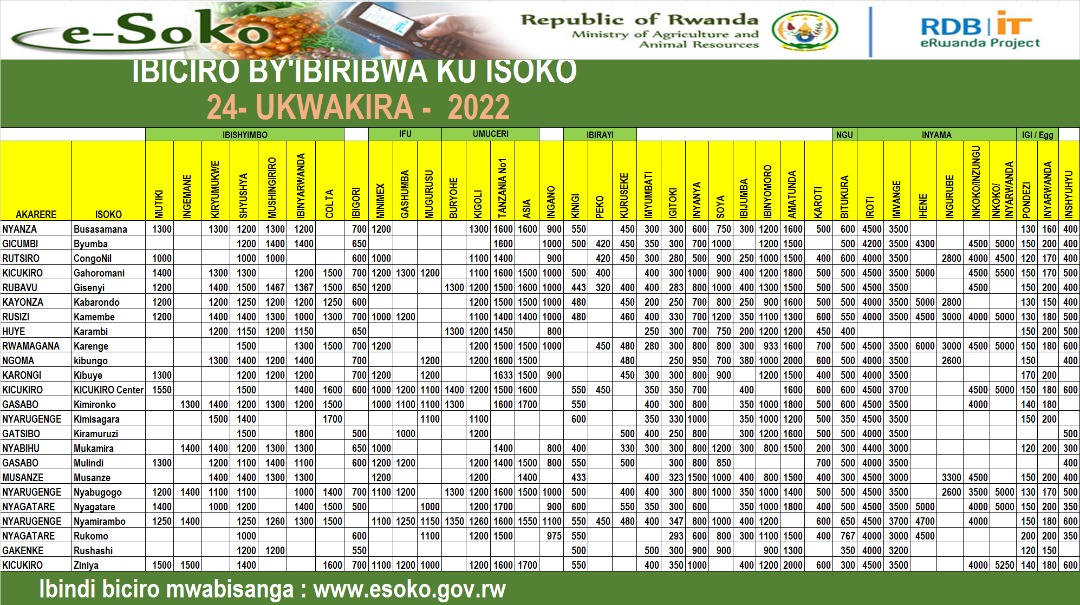 Impuzandengo y'ibiciro ku isoko uko byiriwe iyo mbonerahamwe irabigaragaza.Ibishyimbo"Shyushya" byaguze 1000Frw/kg mu isoko rya CongoNil naho Kiramuruzi,Kicukiro Center,Karenge,Gisenyi ni1500Frw/kg.Ibishyimbo bita Colta:1250Frw/kg  isoko rya Kabarondo naho Kimisagara 1700Frw/kg.