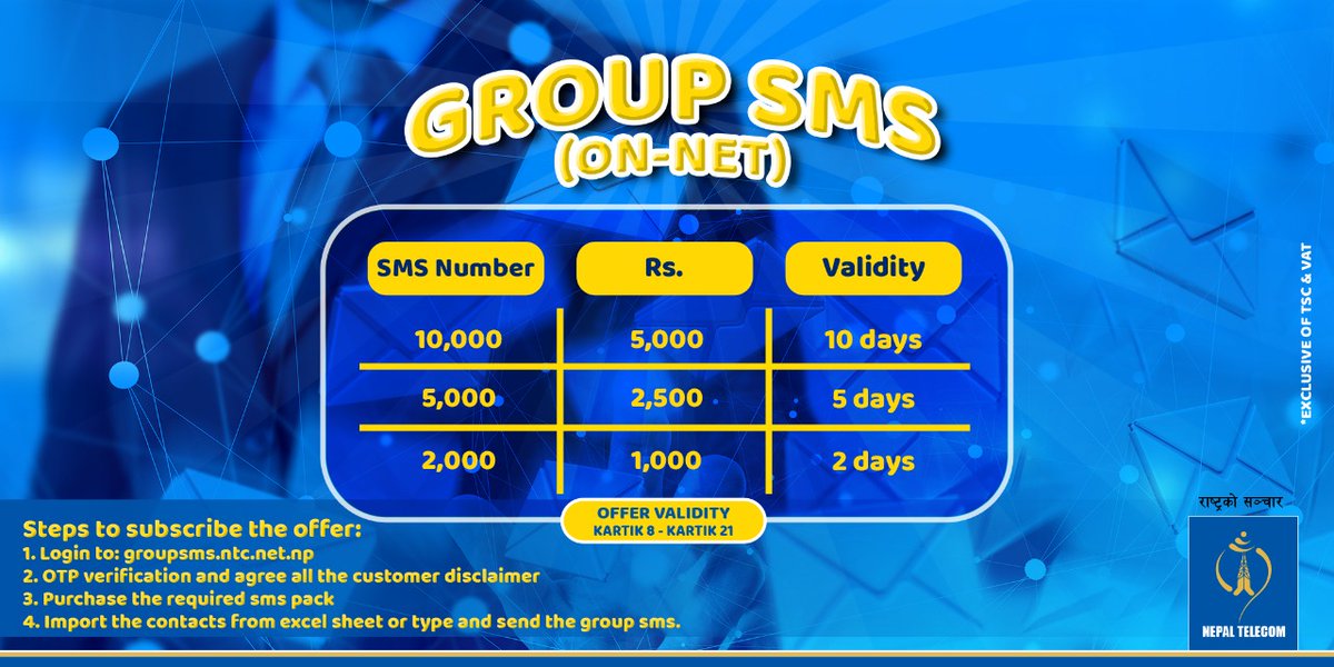ndcl_nt's tweet photo. नेपाल टेलिकम प्रस्तुत गर्दछ GROUP SMS (ON-NET) Offer !!!
उक्त offer यही कार्तिक ८ गते देखि कार्तिक २१ गते सम्म लागु रहने छ।
#NepalTelecom #GroupSMS https://t.co/QSYnbGe1JO