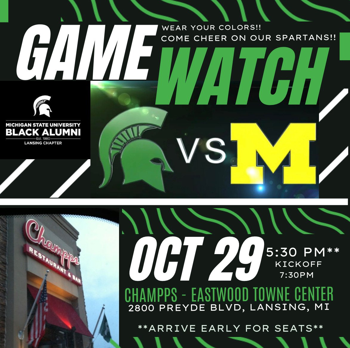 MSUBA_Lansing's tweet photo. Spartans in the Lansing area be sure to come out to Champps in Eastwood for the @msuba_lansing Game Watch.. see the flyer #gogreen https://t.co/HLCkitNCl0