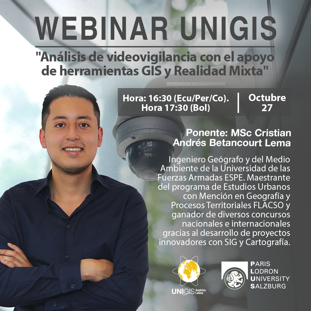 UnigisALatina's tweet photo. Buenos días amigos de UNIGIS América Latina.
Están todos invitados a participar en nuestro próximo webinar gratuito "Análisis de videovigilancia con el apoyo de herramientas GIS y Realidad Mixta"
Link de registro:  https://t.co/6sQPwqJLKf
ID de la reunión: 870 3182 3326 https://t.co/7dCodvltMg
