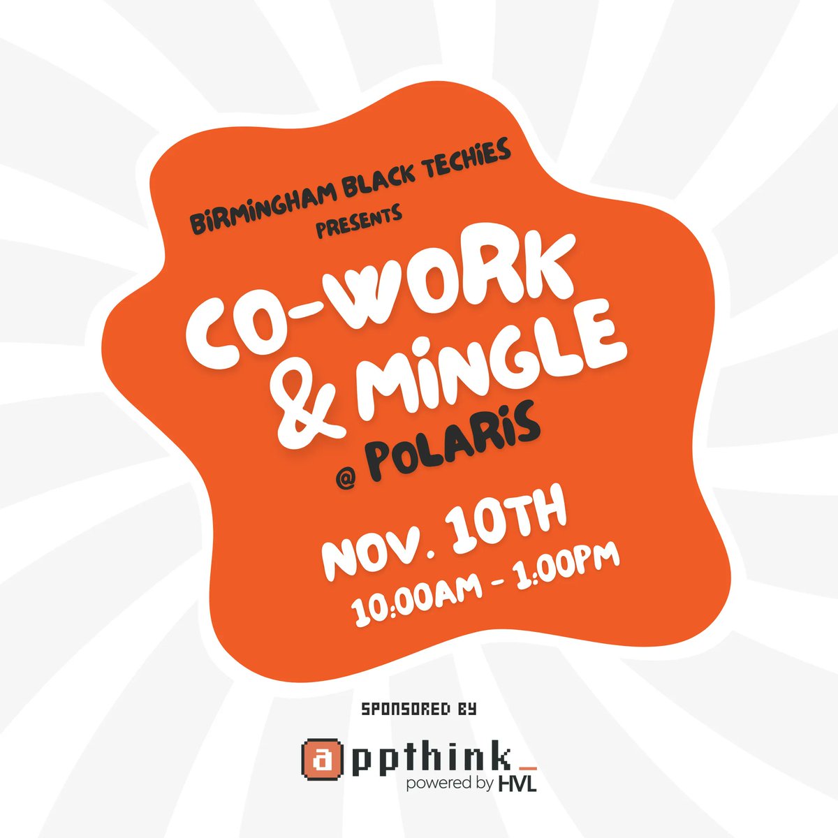 Getting bored with working from home or tired of being distracted? 👀

We'll be hosting another coworking session with our friends at AppThink on November 10, from 10:00 am - 1:00 pm at the new co-working spot, Polaris!

RSVP on Meetup!
bit.ly/bbt-nov