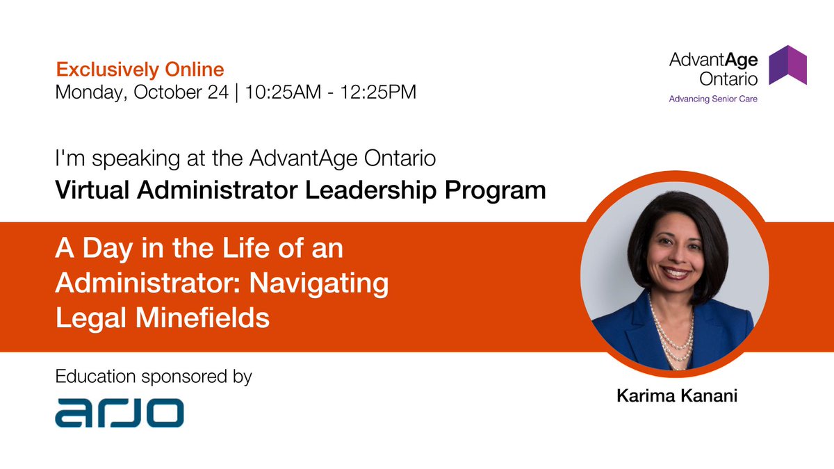 Pleased to be invited speaker at <a href="/AdvantAgeOnt/">AdvantAge Ontario</a> Administrator Leadership Program with colleague Kathryn Frelick. We covered legal hot topics on health systems integration, management services, ontario health teams, Bill 7 and consent, capacity and privacy rights #LTC #leadership