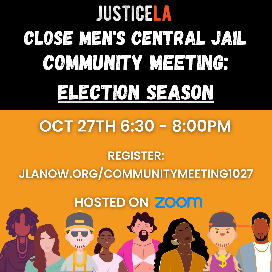 Election season is upon us. 💥THIS THURSDAY💥 we’re deep diving into the key players involved in the Men’s Central Jail crisis. Join us by registering at 🔥jlanow.org/communitymeeti…🔥

#JusticeLA #JLA #Abolition #AbolitionNow #CloseMensCentralJail #CloseMCJ #Election #Elections