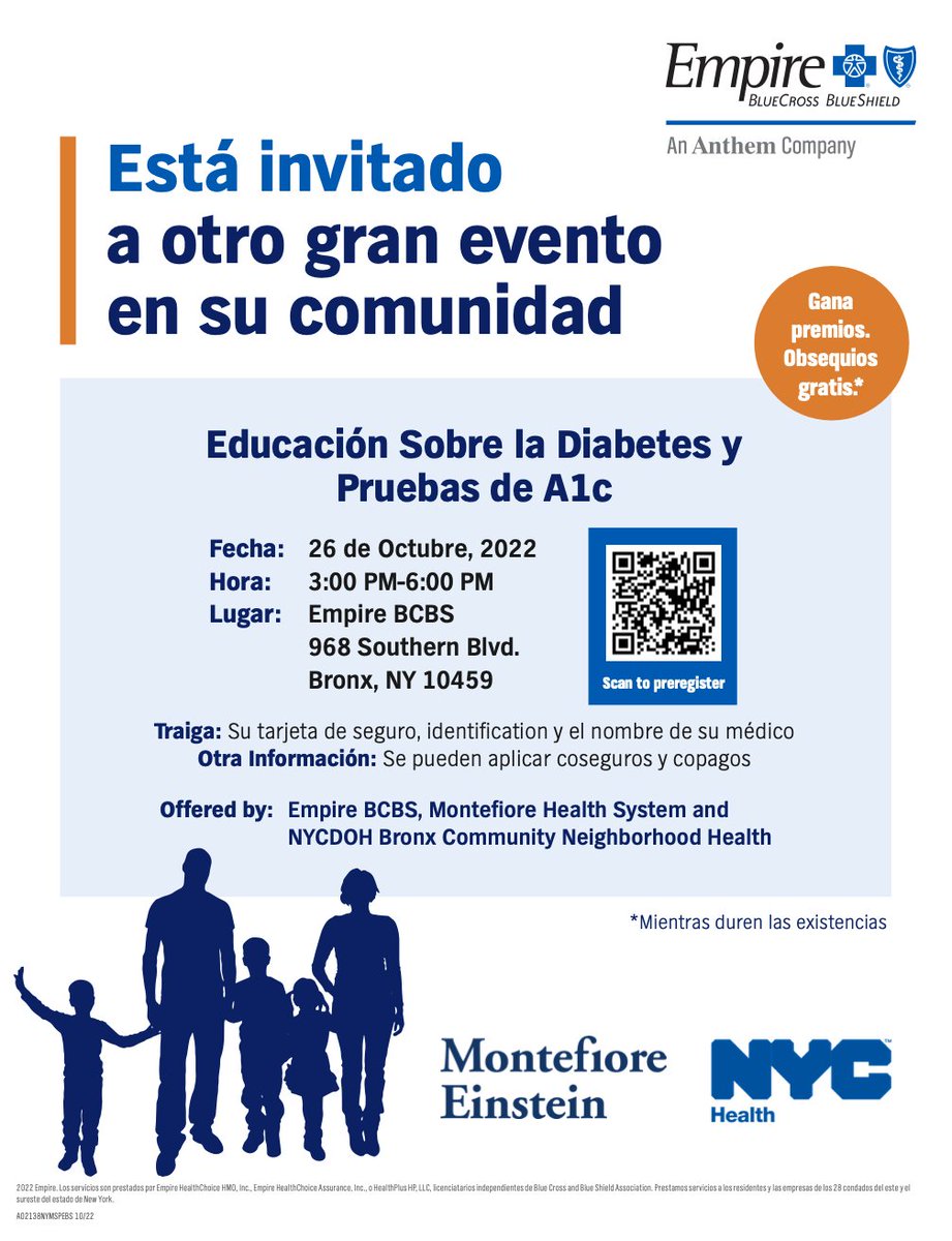 An estimated 16% of the adult population in #TheBronx has #diabetes. As part of #DiabetesAwarenessMonth, we’re partnering with @nycHealthy & @EmpireBCBS to host a diabetes education & blood testing event to empower our community to manage their health. Check it out ⬇️