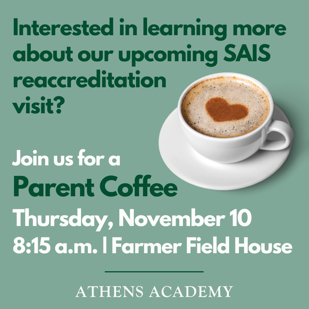 Parents: if you're interested in learning more about the school's upcoming SAIS Reaccreditation visit (11/13-15), please join us on Thursday, November 10, at 8:15 a.m. in the Farmer Field House. Questions? Email Pat Cuneo.