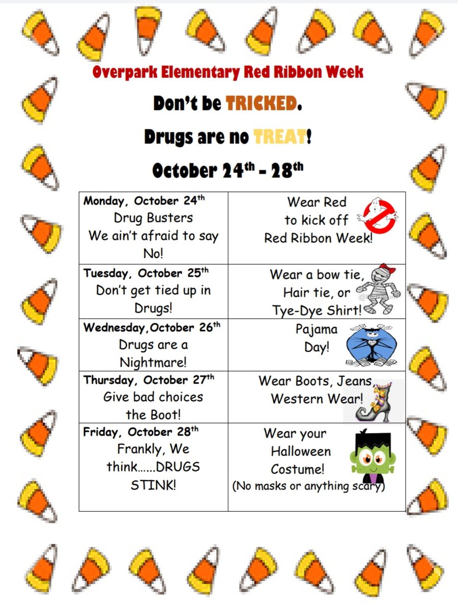 StaceyConklin4's tweet photo. Overpark Elementary Red Ribbon Week Dress Up days. #OverparkMustangs @DCSMentalHealth https://t.co/ag1btztHNO