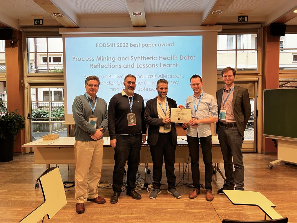 PODS4H's tweet photo. And the PODS4H 2022 best paper award goes to ... Alistair Bullward, Abdulaziz Aljebreen, Alexander Coles, Ciarán McInerney and Owen Johnson with their paper “Process Mining and Synthetic Health Data: Reflections and Lessons Learnt”. Congratulations! #pods4h #icpm2022 https://t.co/xQEJMKk8F9