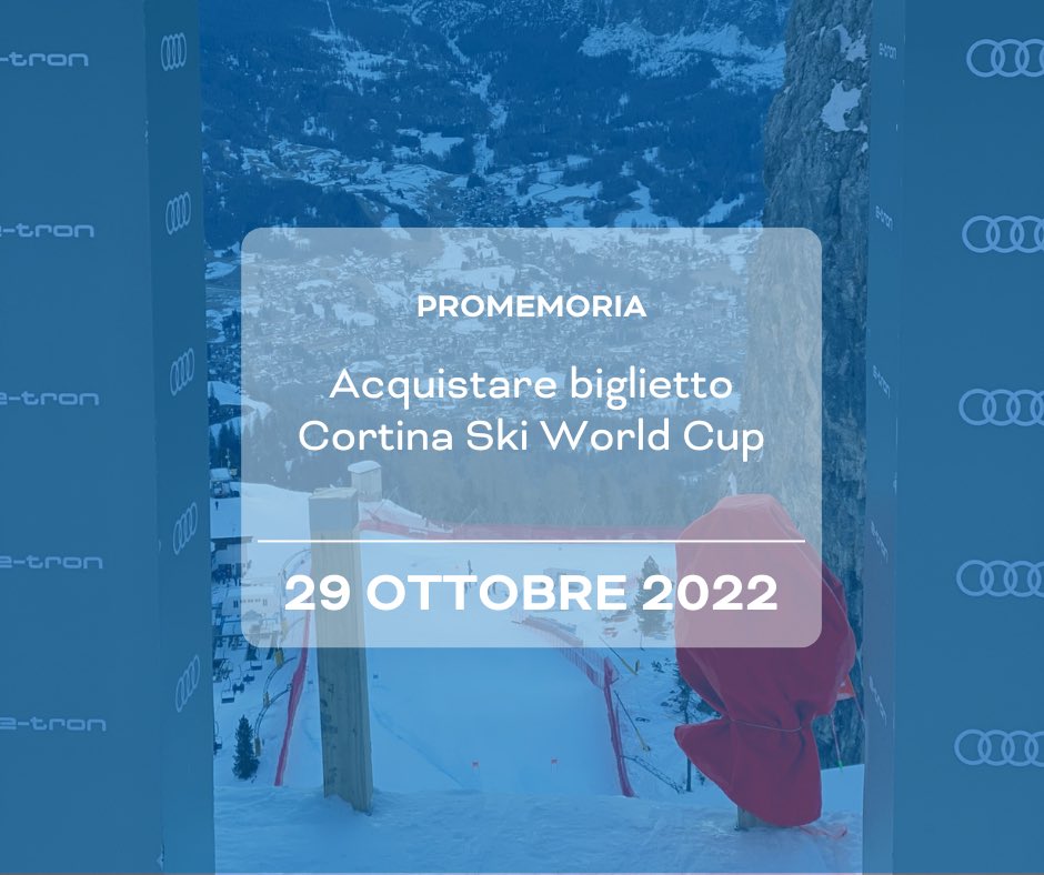 Non perderti lo spettacolo. Biglietti disponibili da sabato 29 ottobre! 🥳

📆 Venerdì 20 gennaio 2023 —> Super G
📆 Sabato 21 gennaio 2023 —> Discesa libera
📆 Domenica 22 gennaio 2023 —> Super G

#cortinaskiworldcup #thequeenofspeed #fisalpine #cortinadolomiti #tothenext
