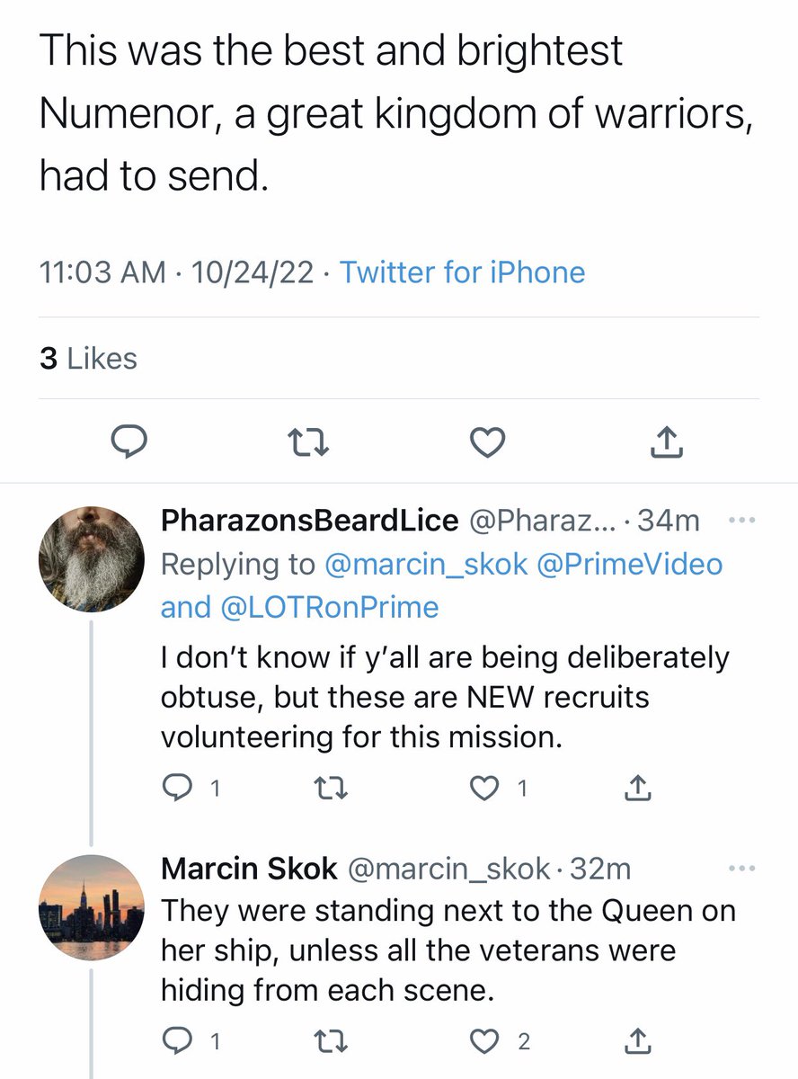 Pharazonsbeard's tweet photo. I’m hoping to clear some things up for folks
1)Queen Miriel addressed her kingdom and asked for volunteers. Meaning, people who raised their hands are not necessarily military.
2) Valandil and Ontamo, were sailors-in-training before getting kicked out of sea guard. https://t.co/qdxwXILtI1