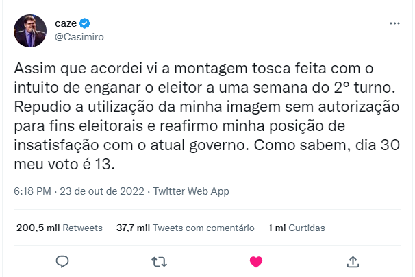 ATENÇÃO: Tweet do influenciador Casimiro declarando voto em Lula atinge a marca de 1 milhão de curtidas no Twitter.