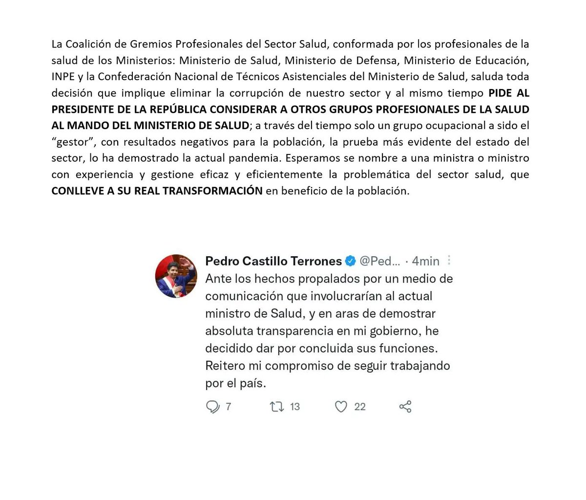 GMinsa's tweet photo. 🚨COMUNICADO🚨
Comunicado oficial Coalición de Gremios Profesionales de la Salud del Minsa.
@PedroCastilloTe @anibaltorresv @AlejoMunante @JOSELUNA_G @Minsa_Peru @RPPNoticias @noticiAmerica @rmapalacios @DeltaMdelta @RosanaCuevaM @willaxtv @canalN_ @larepublica_pe @peru21noticias https://t.co/ZSxRF877gY