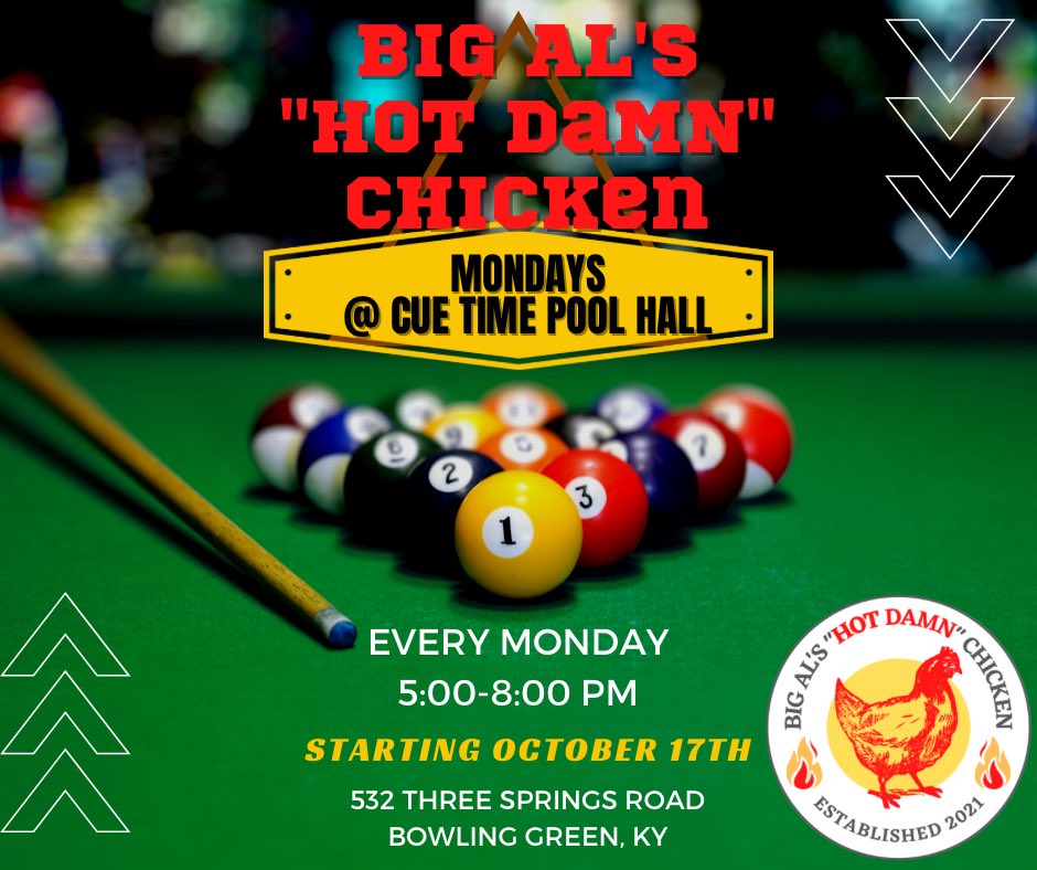 Need dinner plans tonight? Catch us set up at Cue Time from 5-8! 

#bigalshotdamnchicken #hotdamn #bowlinggreenky #bgky #bgkyfoodtrucks #kyfoodtrucks #bgtight #buylocalbg