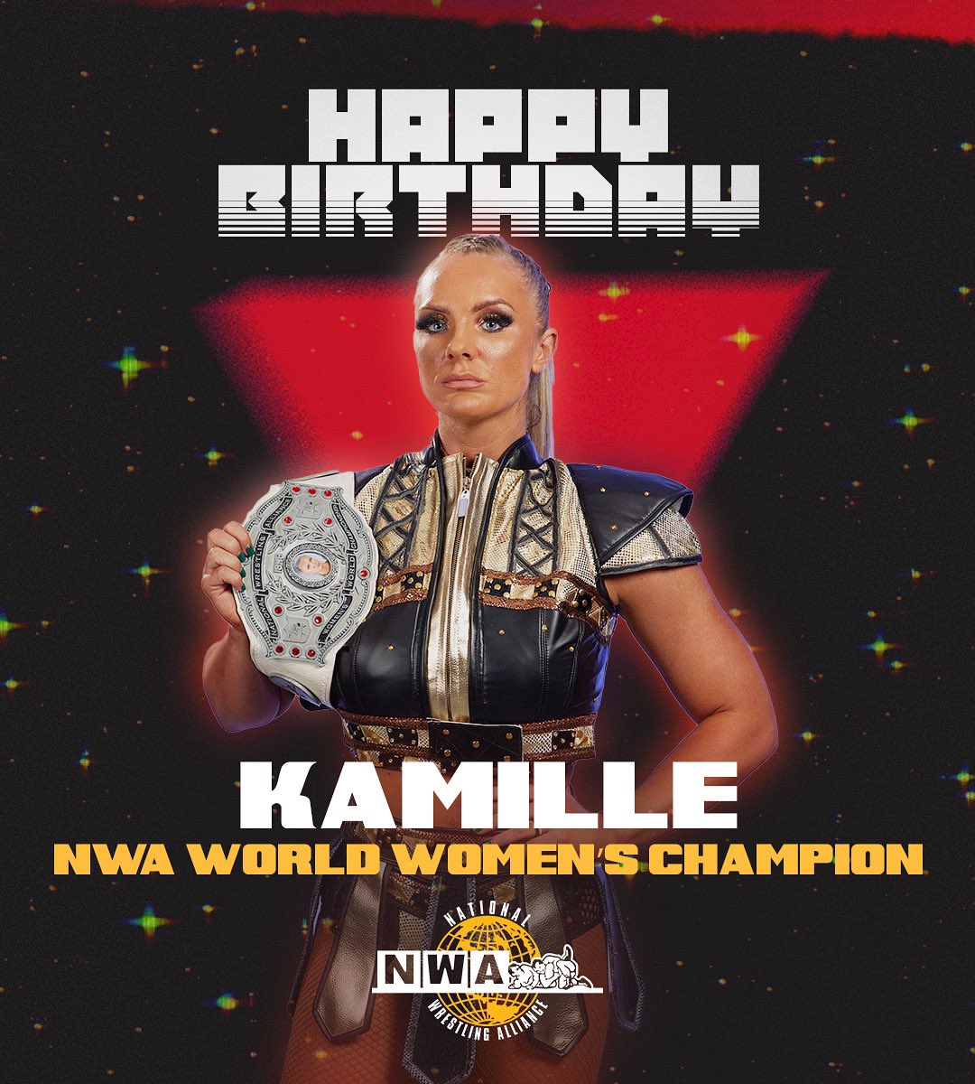 Please join us in wishing a VERY happy birthday to our NWA World Women’s Champion, @Kamille_brick!! Over 500 days as champion and the Burke is looking better than ever over your shoulder!! 👊❤️ #onetime #brickhouse #nwawrestling