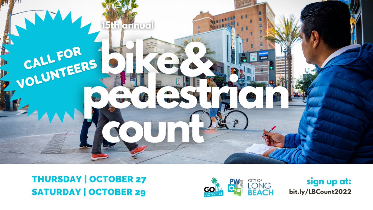 LongBeachCity's tweet photo. 📢Volunteer for the City of Long Beach’s 15th Annual Bike and Pedestrian Count! This is one of the longest-running bike counts in the country. The count will take place on Thursday October 27, and Saturday October 29.
Sign up today! 🔗 https://t.co/Kk1nh0tFKs #GoActiveLB https://t.co/x9Hg1Wisfl