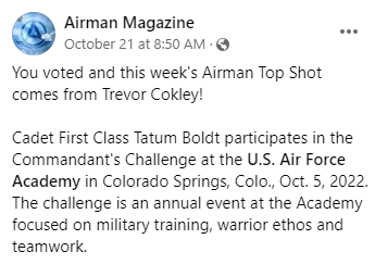 MediaFusion_LLC's tweet photo. We have some of the best #photographers and #videographers in the industry. Last week, Media Fusion photographer Trevor Cokley's photo, at the @AF_Academy, was selected @AirmanMagazine's Cover photo. Trevor's #dedication to his craft comes through in all of the images he produces https://t.co/FF5kuI7a1A