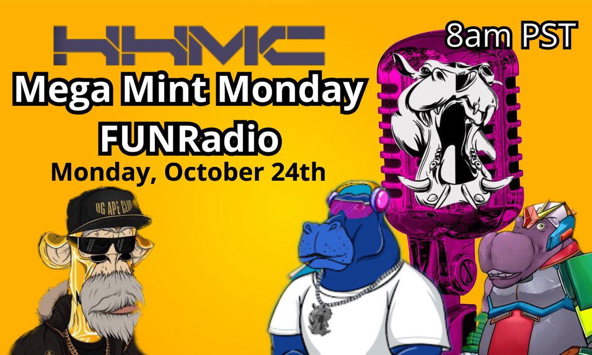 Mega Mint Monday FUNRadio Ep.3 
🎤w Hydro Hippos            
            
Want to win an OG Ape Club comic NFT?!            
            
🌊Follow <a href="/HydroHippos/">HydroHippos.eth | StreamPunkZ Mint is LIVE</a>, <a href="/OG_Ape_Club/">OG Ape Club / OGAC 2.0</a> 
            
RT+Tag3            
BE IN THE SPACE 👇            
x.com/i/spaces/1gqxv…
