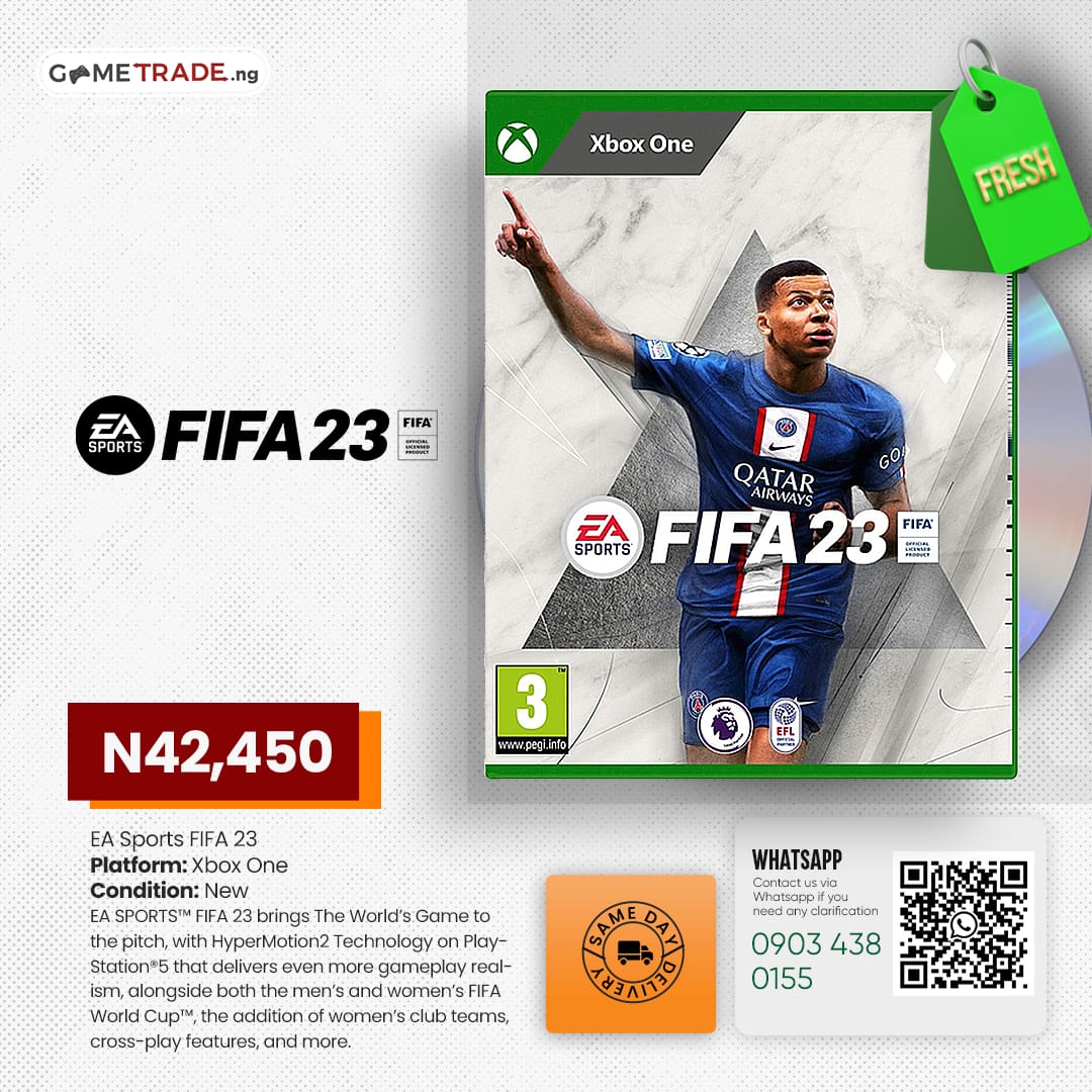 gametradeng's tweet photo. EA Sports FIFA 23
🎮 XBOX One

Available 🛒🚀🚀
Same day Delivery in Lagos 📦
 #gametradeng #Fifa23 https://t.co/QKtg1JfLIw
