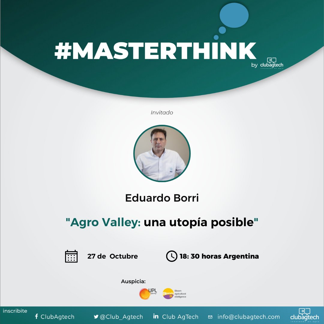UPLArgentina's tweet photo. ¡Esta semana nos volvemos a encontrar en #Masterthink de @Club_AgTech! 😎

🗣️ Eduardo Borri (@eduardoborri) 

🗓️ Jueves 27/10
⏰ 18.30 hs

Inscribite gratis en 👇
https://t.co/a3KfvxN7Fz https://t.co/p87vtZdERn
