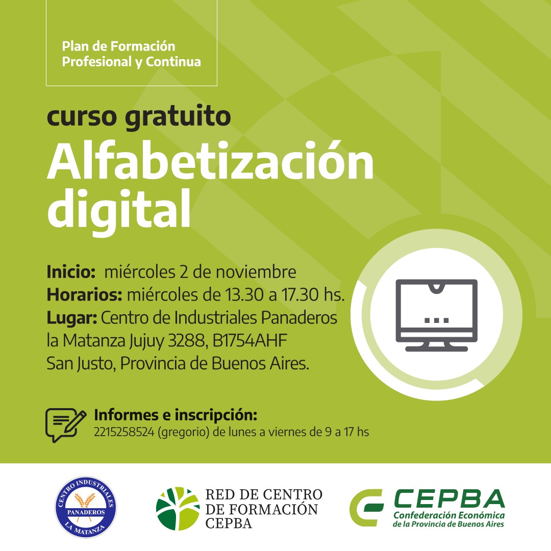 PCepba's tweet photo. #CEPBA dará inicio este 👉miércoles 2 de noviembre, entre 13,30 y 17,30 hs al curso gratuito de ➡️Alfabetización Digital, que tendrá lugar en el Centro de Industriales Panaderos de la Matanza, sito en ⏩calle Jujuy 3288, en San Justo...(Sigue) https://t.co/mVMENpQYSD