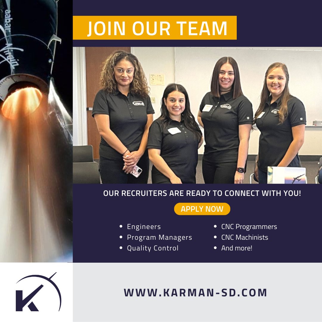 karman_spacedef's tweet photo. Are you ready to Launch Your New Career?
We are hiring for various roles!
#Engineers #ProgramManagers #QualityControl #CNCProgrammers #CNCMachinists And more!
Apply Today!🚀
https://t.co/KSfENndBe7     
#Karman #KarmanSpaceDefense  #AAE #AEC #AMRO #Systima #aerospacecareers #jobs https://t.co/ncMcP1hri1