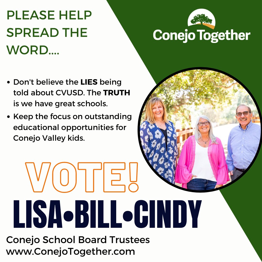 ConejoTogether's tweet photo. In two weeks plus one day, we will learn if we did enough to protect our school district and the students, parents, and teachers it is dedicated to serve. #StandUpConejo Reach out to friends, family, neighbors, and coworkers to make sure they haven't been fooled by clever lies. https://t.co/NKQXP7k15O
