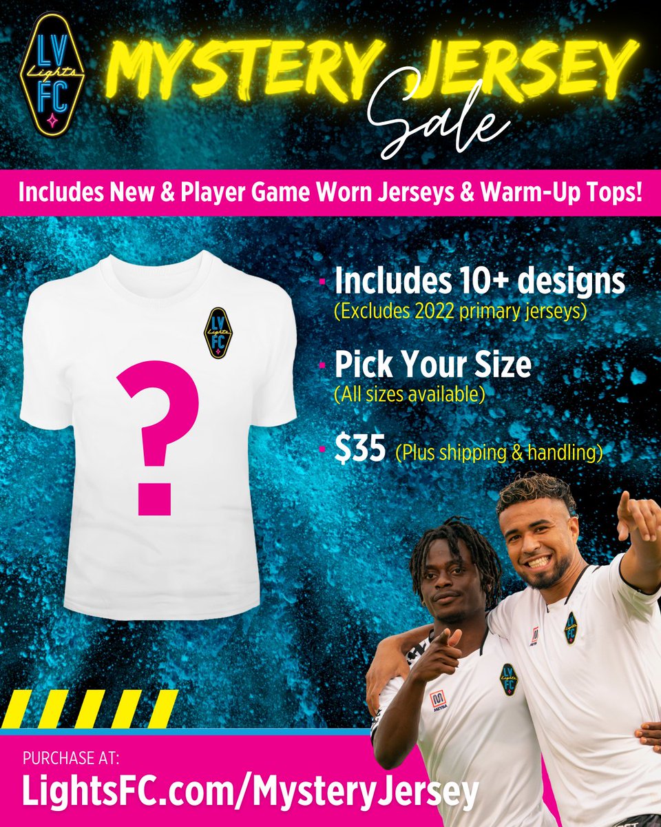 Our #MysteryJersey SALE is still going! 👕🤯 For only $35 (+S&H) you get a Lights FC jersey from 10+ designs available, including NEW and GAME WORN jerseys / warmup tops. #VivaLights ⚽️🎉 Visit LightsFC.com/MysteryJersey to get yours!