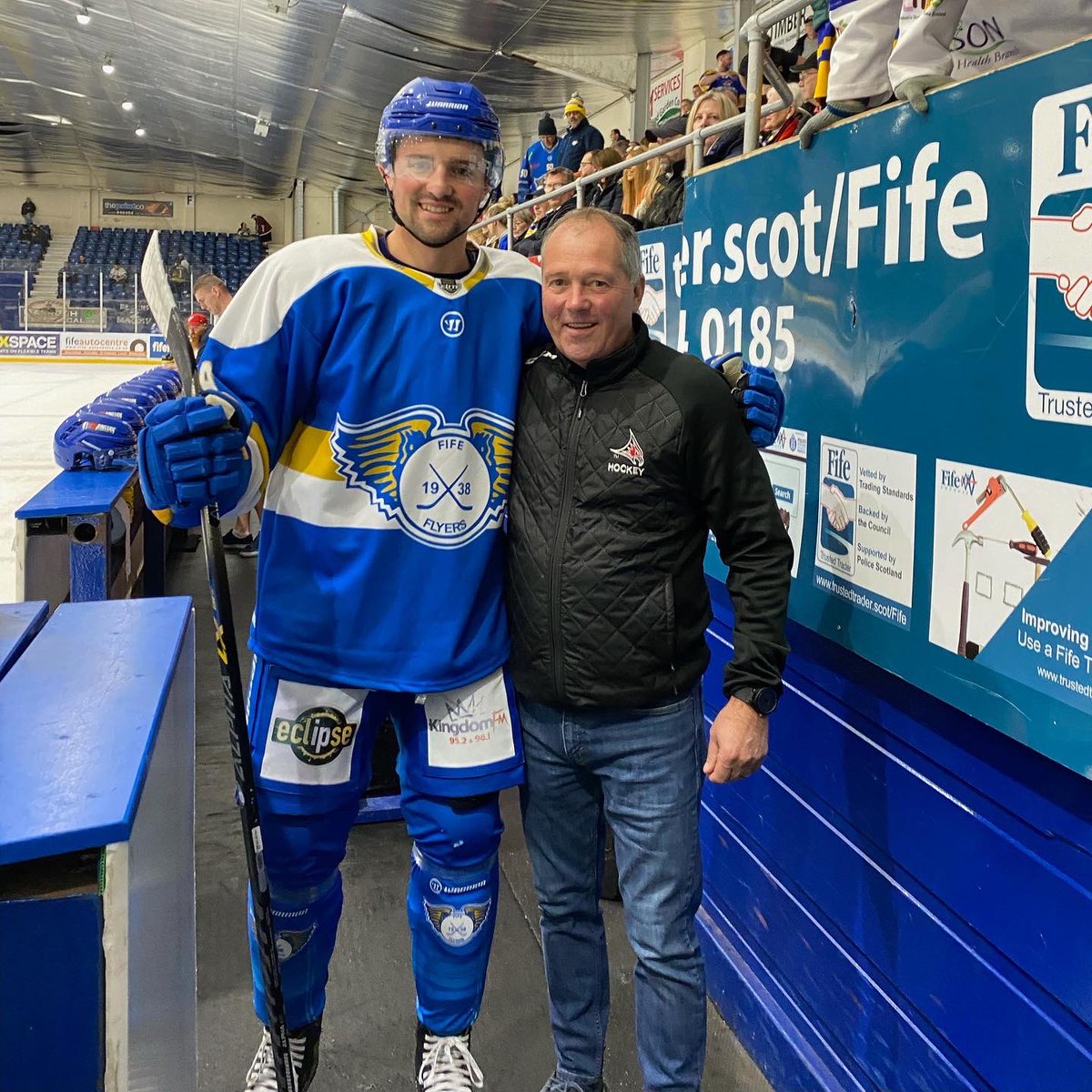 UWRFMensHockey's tweet photo. Former Falcon Hockey Assistant Coach Bob Ritzer (24 years) caught up with Falcon Hockey Alumni Christian Hausinger (‘17-‘21) at Hausinger’s @FifeFlyers game in Scotland this weekend!

#FalconsInThePros #FalconFamily 
#FalconsFlyTogether #FFT @chrishaus6 https://t.co/8W3o7Wm8DQ