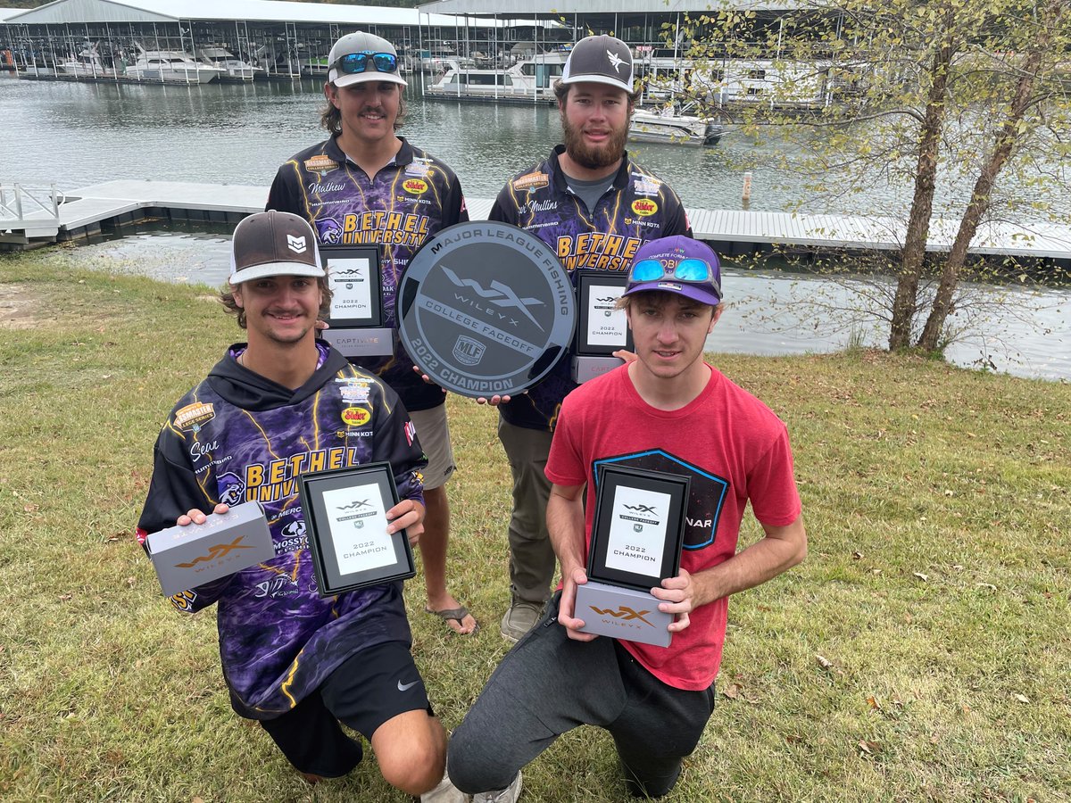 The Bethel University Bass Fishing Team of Matthew Cummings, Levi Mullins, Sean O'Brien, and Joseph Senn won the Wiley X College Faceoff on Pickwick Lake with 31 pounds, 6 ounces! Congrats on a great weekend 👏