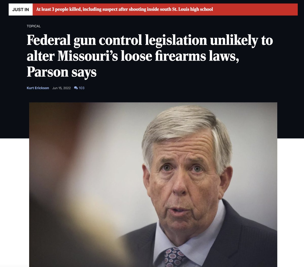 Nach9636's tweet photo. School shooting in St. Louis school and what has @GovParsonMO done as Governor to prevent gun violence? Loosen firearms laws in Missouri. This is how the extremist @GOP @SenateGOP @HouseGOP protect their citizens, don't buy their law and order gaslighting. #VoteBlueNov2022 https://t.co/ie4SEJabNh