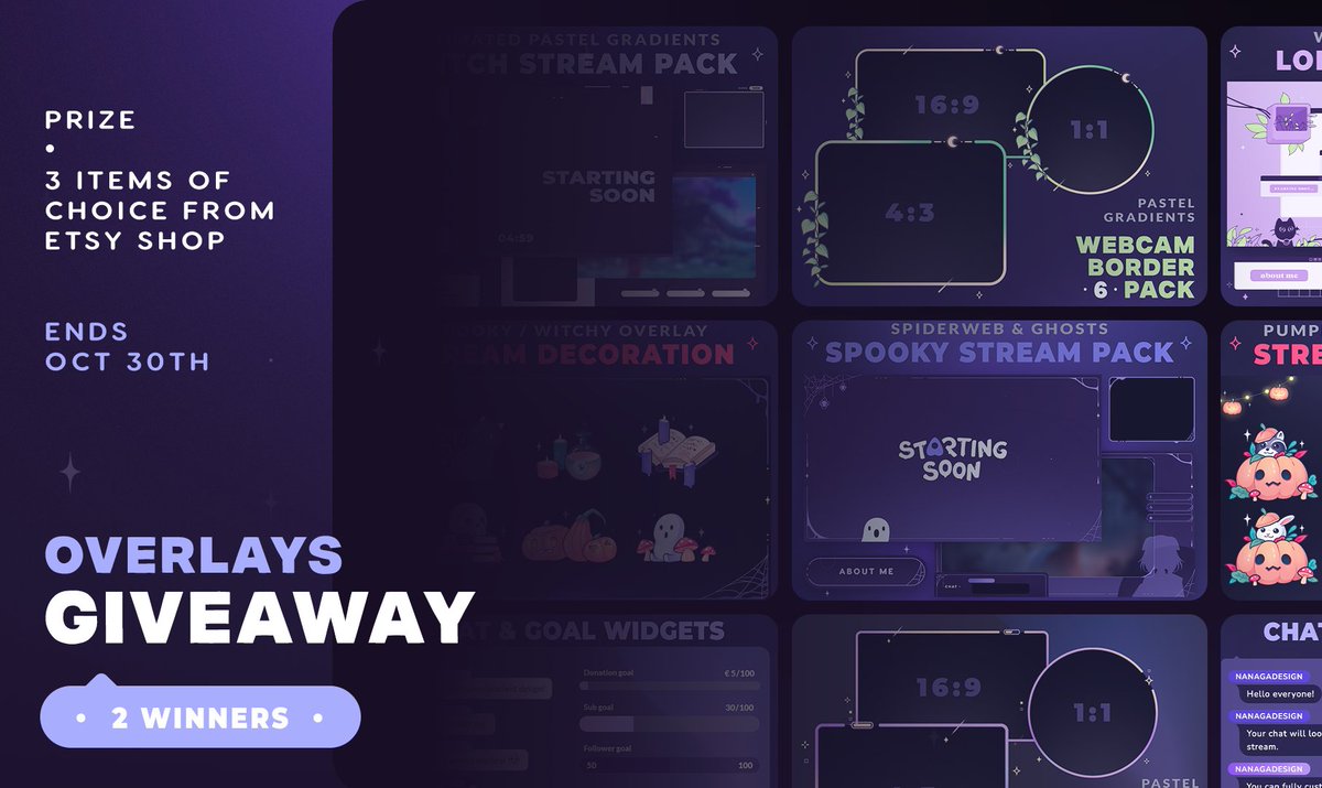nanagadesign's tweet photo. ✨Finally doing an Etsy Giveaway ✨

⊂ 2 Winners ⊃
win 3 products from my etsy shop
(pick any twitch pack, chat widgets etc.)

To enter:
✧ Like + RT (no quote rt)
✧ follow me

Ends Oct 30th 💜 Good luck! https://t.co/yCpHNw1l8V
