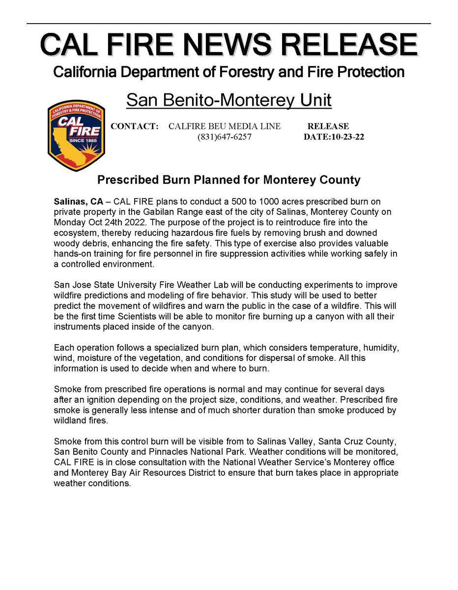 MBUAPCD's tweet photo. Today Cal Fire plans to conduct a prescribed burn in the Gabilan Range east of the city of Salinas, Monterey County.
#salinascalifornia #montereycounty #sanbenitocounty #santacruzcounty #prescribedburn #calfire #airpollutioncontrol #AirQuality https://t.co/Lr4uaQZUZF