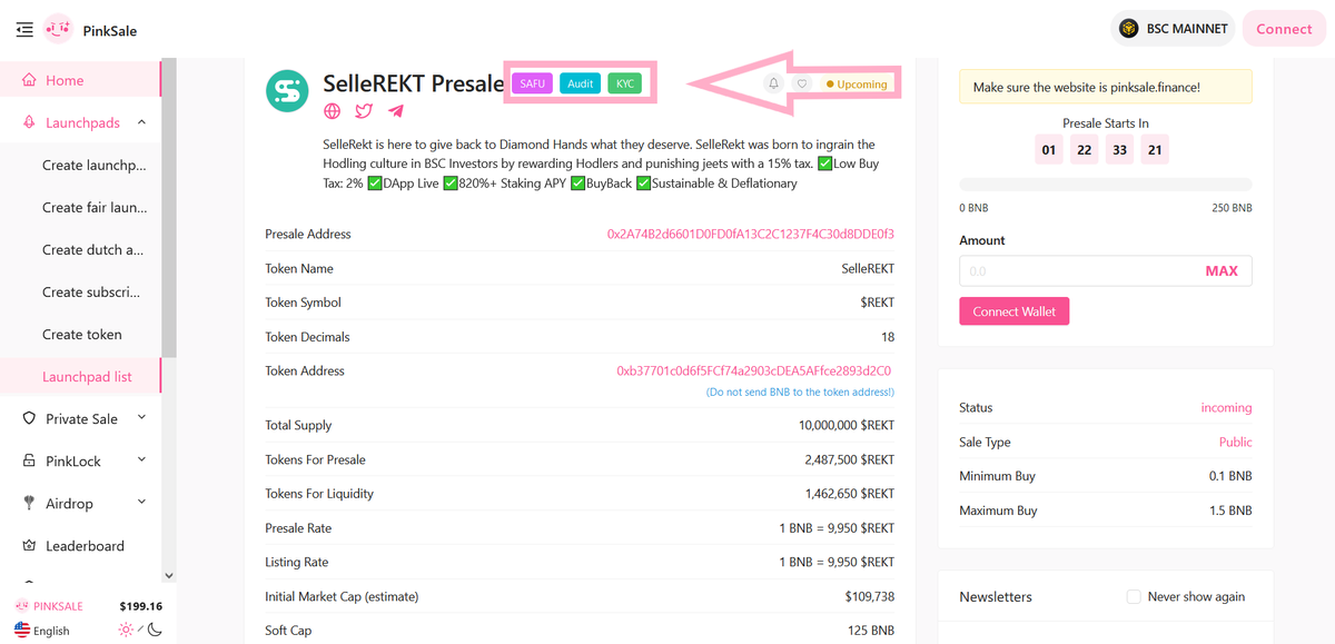 🔥Welcome onboard to the <a href="/SelleREKT/">SelleREKT</a> team and congratulations hitting each criteria required to be awarded a #Safu badge!

👉A Safu badge is only granted when a contract is controlled by a Safu developer!

🚀 Check them out below:

pinksale.finance/launchpad/0x2A…

#BSC #BNB #Presale