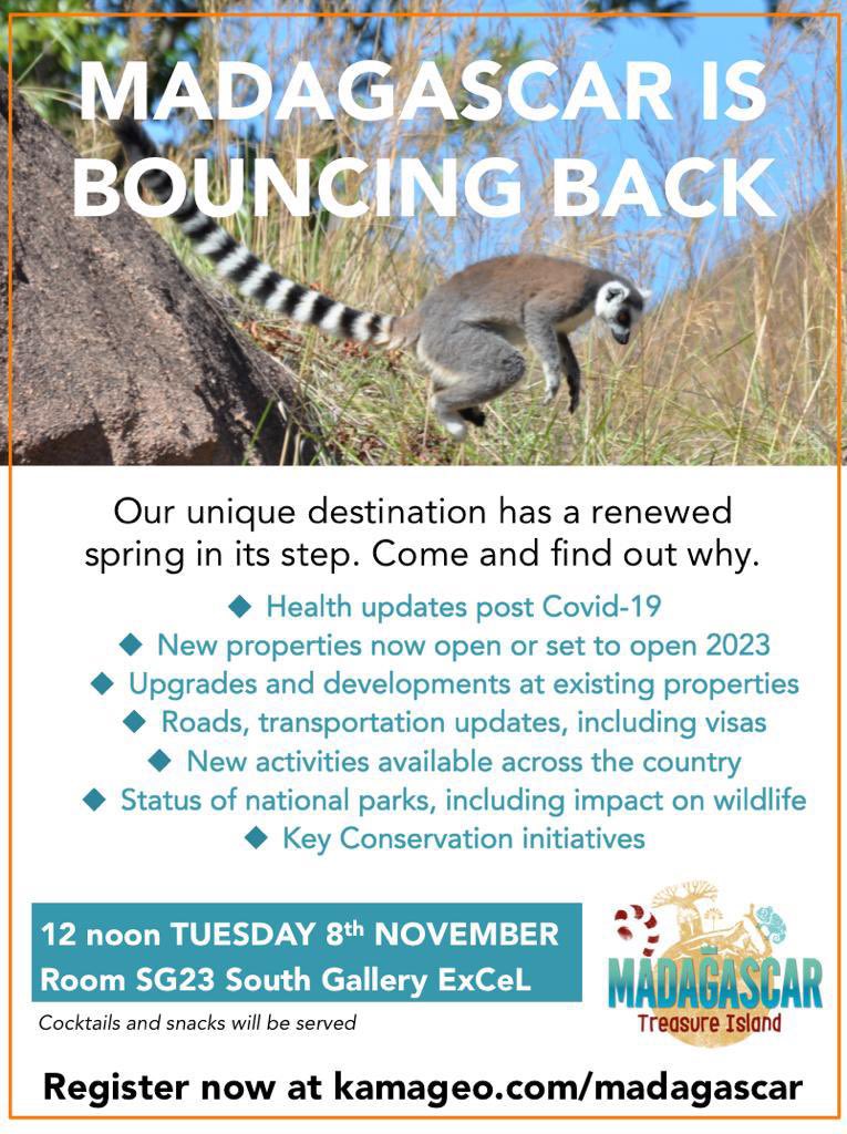 AdeleCutler's tweet image. Attending WTM? Join Madagascar Tourism for cocktails and bites Tuesday 8th November 12 noon. As one of the last African countries to remove all health restrictions in August 2022, come and see what’s new on this incredible and diverse island.