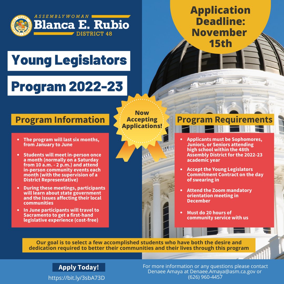 Now accepting students for the AD 48 Young Legislators Program. Students will have the opportunity to learn about the legislative process and more. Apply by Tuesday, November 15th at 5pm. hubs.li/Q01q9MpM0 

@SouthHillsHigh <a href="/CovinaColts/">Covina High School</a> <a href="/NHSVikings/">Northview Vikings</a> @FairvalleyLC <a href="/CVUSD_Supt/">Elizabeth Eminhizer, Ed.D.</a>