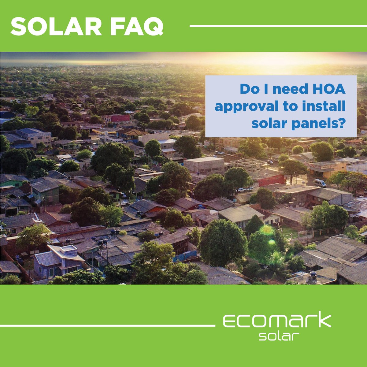 An HOA can't legally prohibit you from getting rooftop solar in Colorado, but EcoMark will always reach out to your HOA to make sure no one gets upset.

You don't have to wait for approval to install #solarpanels. Schedule a consultation now: calendly.com/ecomark-solar-…
#solar