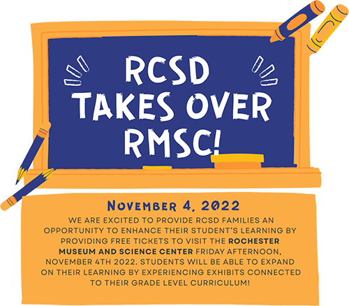 Rochester City School District (@rcsdnys) on Twitter photo The RCSD is teaming up with the <a href="/rocRMSC/">Rochester Museum & Science Center</a> for an RCSD Takeover event. RCSD families are invited to register for a free one-day pass to the RMSC, which will take place on Friday, November 4th. Only 200 tickets are left, so register today!
Register here: ow.ly/Oq0450Ljlg8 The RCSD is teaming up with the <a href="/rocRMSC/">Rochester Museum & Science Center</a> for an RCSD Takeover event. RCSD families are invited to register for a free one-day pass to the RMSC, which will take place on Friday, November 4th. Only 200 tickets are left, so register today!
Register here: ow.ly/Oq0450Ljlg8