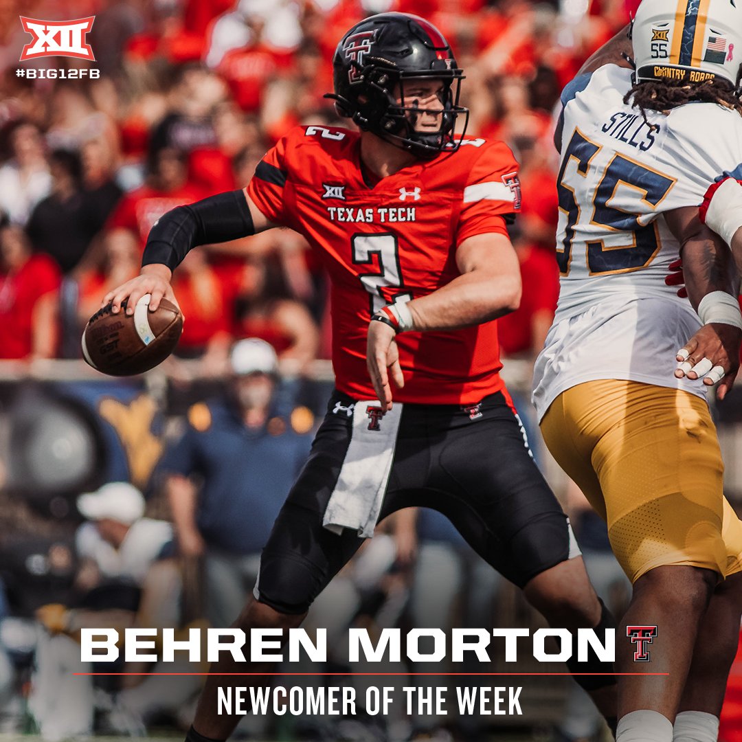 Big12Conference's tweet photo. 🏈 #Big12FB Newcomer of the Week 🏈

Behren Morton, @TexasTechFB 
 
📰 https://t.co/JEEGktQEf6 https://t.co/dgjPt68Ku9