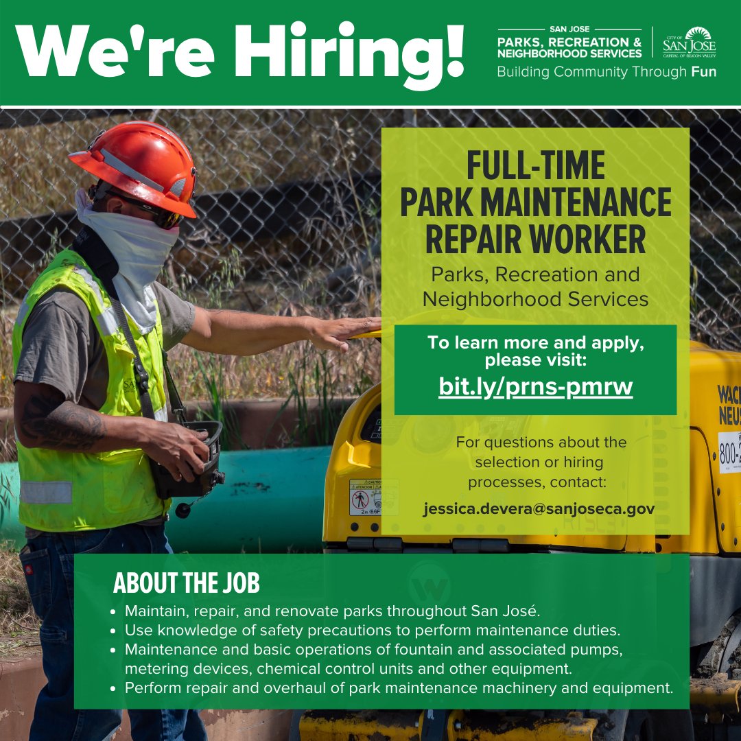 sjparksandrec's tweet photo. Join our #PRNSBest team as a Park Maintenance Repair Worker! Positions are available to join the Maintenance Team.

To learn more about the recruitment process and apply, please visit https://t.co/ZBNOxvAzJh

The application deadline is 11:59 PM on Tuesday, October 25, 2022. https://t.co/1WAEka27GV