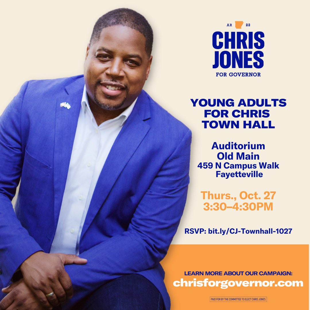UARK STUDENTS! <a href="/JonesForAR/">Chris Jones</a> will be on campus in Giffels Auditorium THIS THURSDAY!! Come meet Dr. Jones and ask any questions you may have! #jonesforar #faithinar #arpx #uark